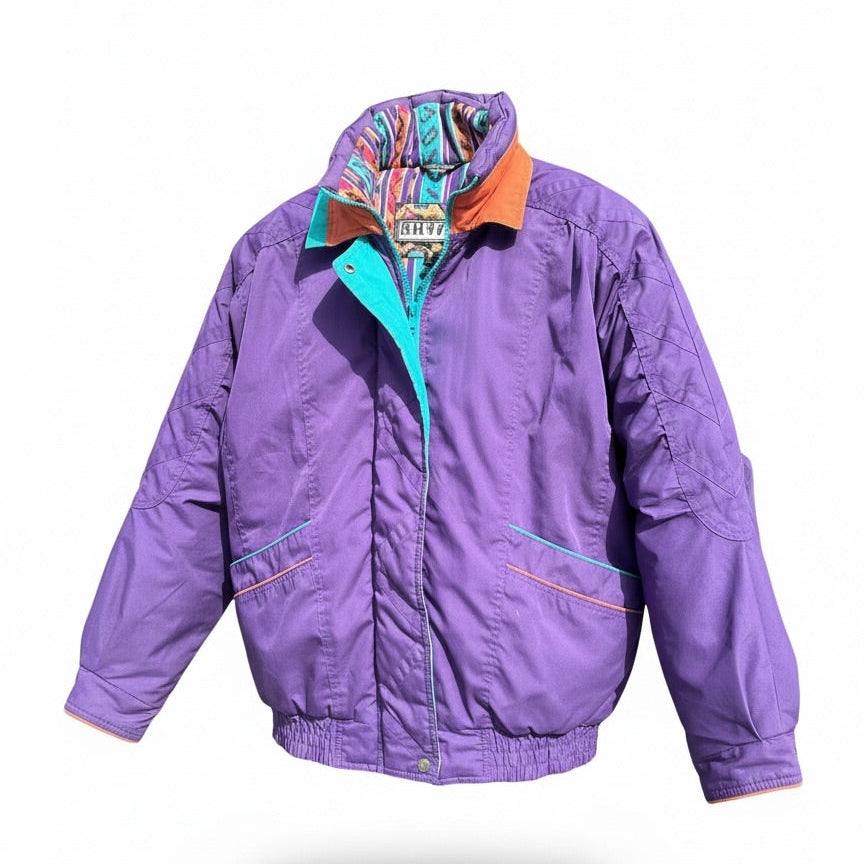 Purple jacket with colorful inner lining on a white background